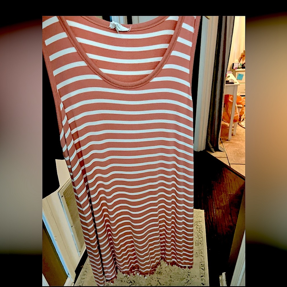 The Loft Tank Striped Coral Dress Sz XL with Pom Poms around Edge